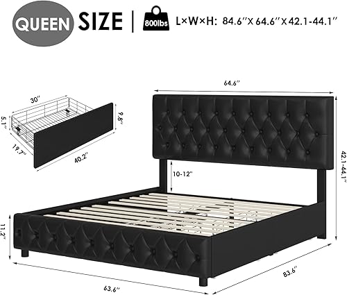 Miniatura 2 de Keyluv Moderna base de cama tapizada con 4 cajones de almacenamiento, plataforma de piel sintética con cabecera capitoné con botones, soporte de