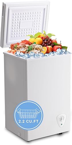 Congelador de pecho pequeño, color blanco, 2.2 pies cúbicos, control de temperatura y cesta extraíble, congelador profundo abierto, ahorro de