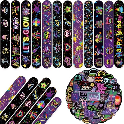 qhqqwzxqc 74 Neon Party Favors 50PCS Cool Neon Sign Vinyl Stickers 24PCS Glow Slap Bracelets Wristbands Neon Theme Birthday Party Decorations Glow in The Dark Party Supplies Favors