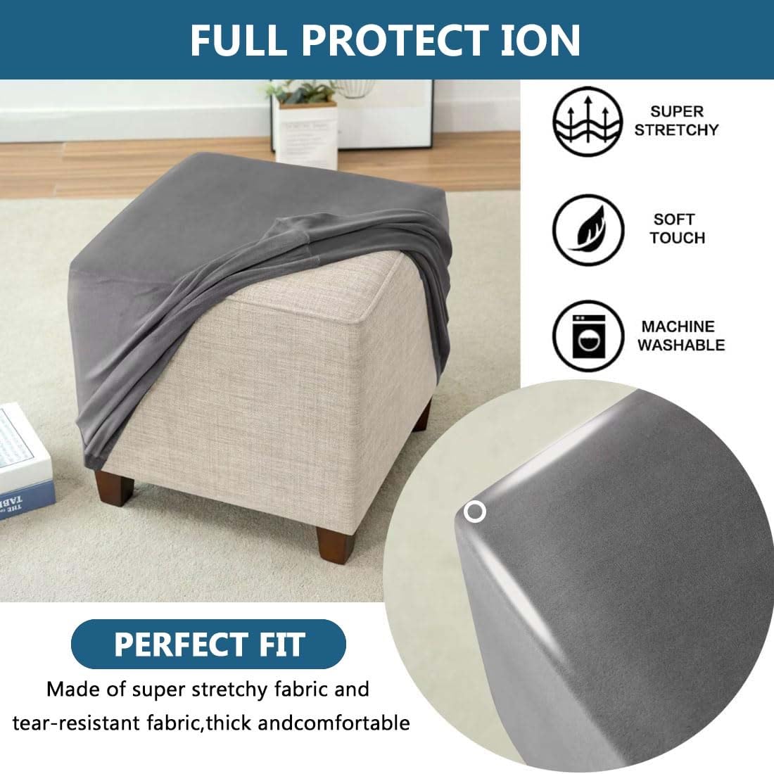 Copri Pouf In Velluto Elastico 60x60 Cm - Fodera Per Poggiapiedi, Blu Navy - Foto 7