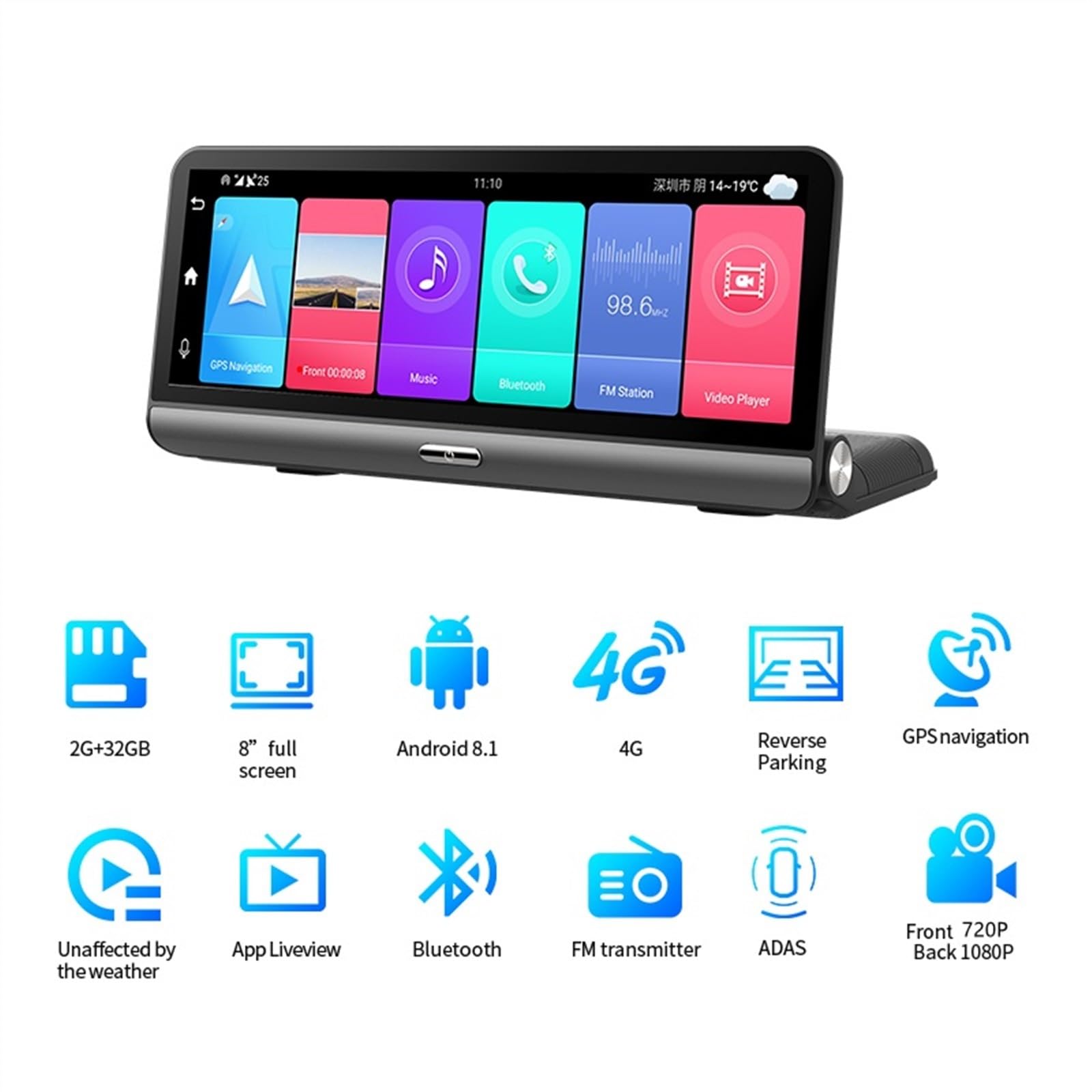 Kamera samochodowa, 8-calowa kamera samochodowa IPS GPS 4G FHD 1080P na deskę rozdzielczą z dwoma obiektywami samochodowy rejestrator wideo Night Vision 24H Park(With 32G Card)