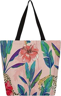 Sacola de lona para mulheres, animais selvagens, flor de leopardo, bolsas grandes para homens com bolsos, sacolas de compras resistentes, sacolas de compras reutilizáveis, bolsa de ombro casual para escola, trabalho, praia, Multicor