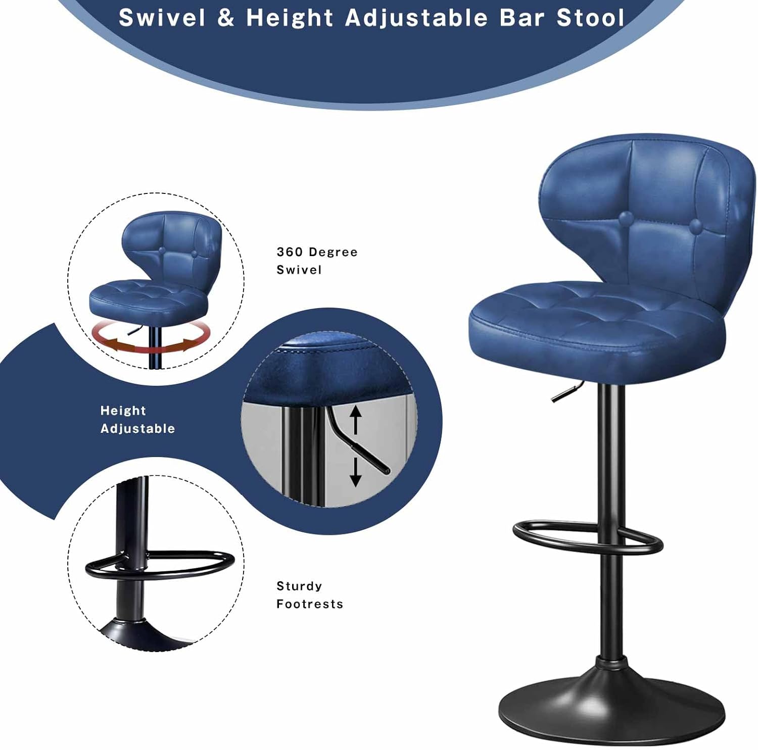 Bar Stools Set of 4, Adjustable Swivel Bar Chairs with Backrest and Footrest, Modern PU Leather Upholstered Counter Height Stools for Kitchen Island, Bar, Dining Room Blue