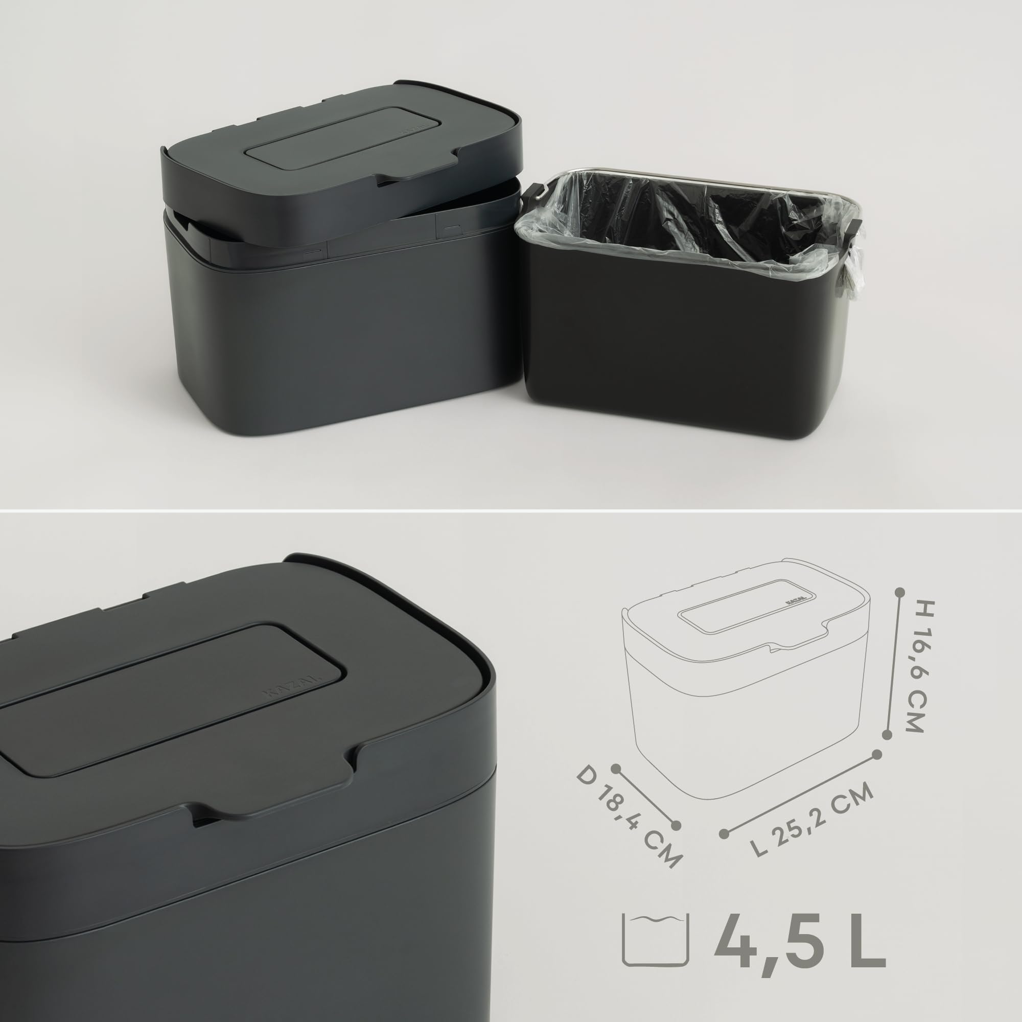 KAZAI. Bio-Mülleimer 'Elin' | 4,5L Kompost-Eimer mit Kohlefilter | Geruchsdicht, Spülmaschinenfest, inkl. Innenbehälter | Biomüll-Behälter für die Küche | Graphite-Schwarz