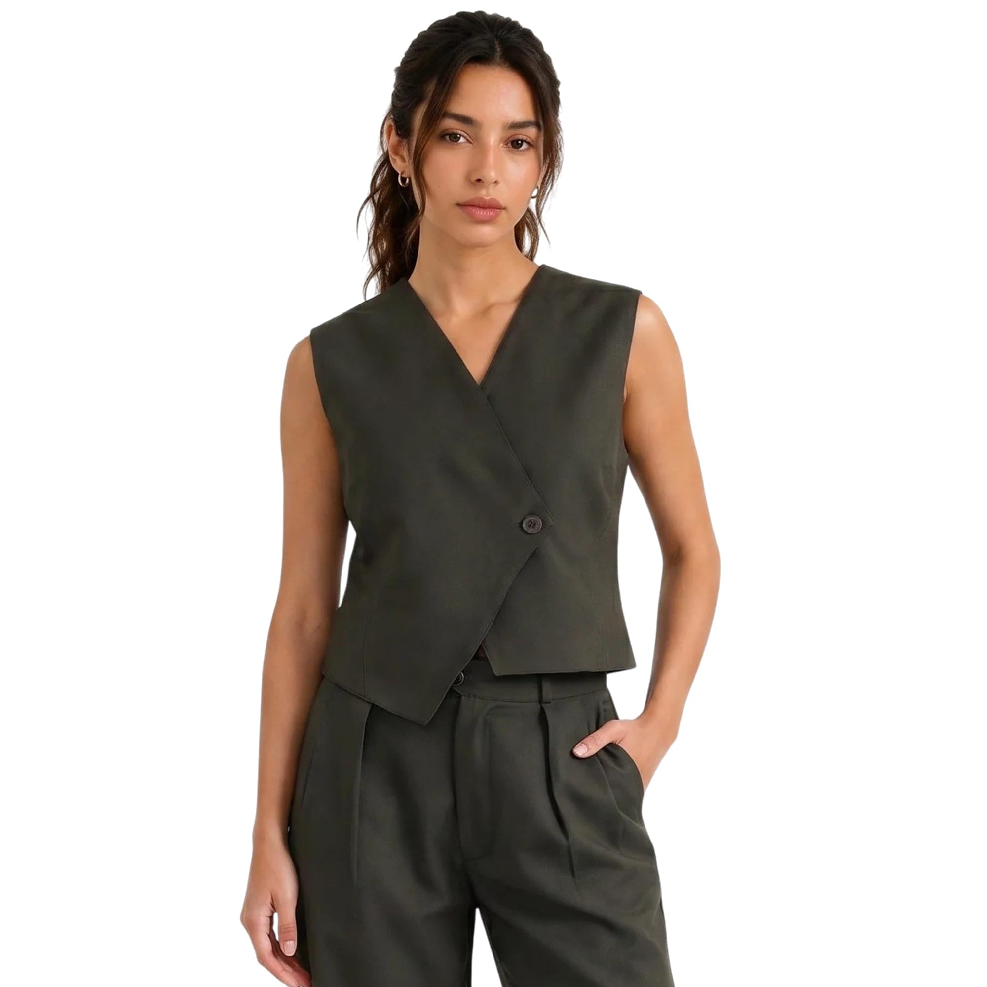BOSSBELA Women Olive Green Sleeveless Single-Breasted Cropped Formal Waistcoat | Earthy Office Vest | Notched Lapel-image-9