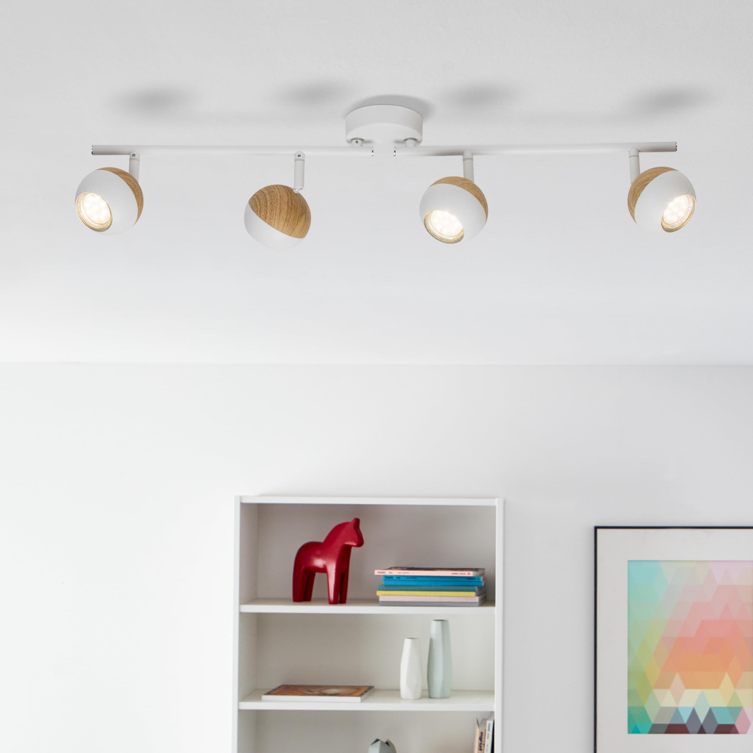 Lightbox Faretto da soffitto a LED con luce bianca calda - Tubo spot a 4 fiamme con teste orientabili - Plafoniera con lampadina inclusa e sostituibile - Metallo bianco/legno
