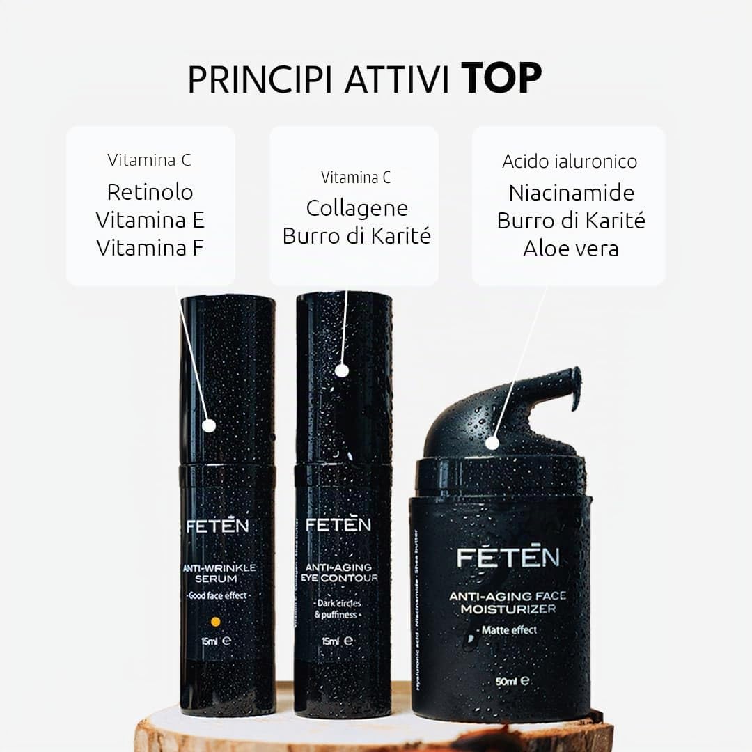 FETEN Skincare Cofanetto Regalo Uomo - Set Antietà Idratante con Crema Viso Antirughe, Contorno Occhi Antiocchiaie e Siero Vitamina C - Kit Cosmetica e Cura della Pelle Uomo
