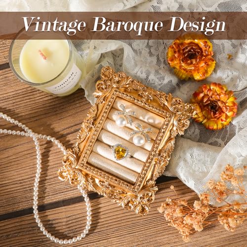 Image of Vintage Ring Holder Rectangle Gold Velvet Display Stand - Baroque Jewelry Organizer Box Tray for Wedding Engagement Anniversary Women Birthday Christmas Gift Photograph Prop (MPF05-Gold White)
