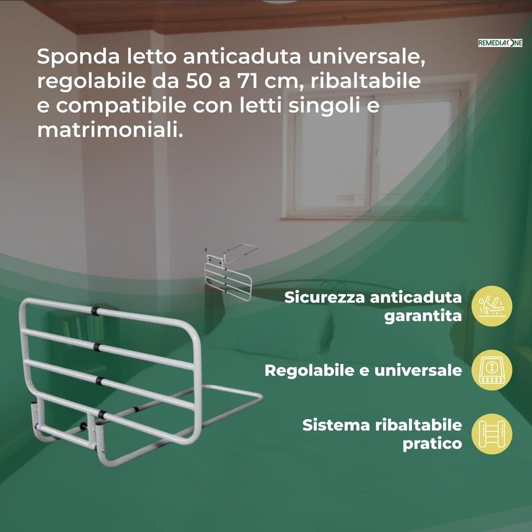 Sponda Letto Matrimoniale Universale Anticaduta, Sponda Letto Anziani e Disabili Ribaltabile, Regolabile - 50–71cm, Bianca