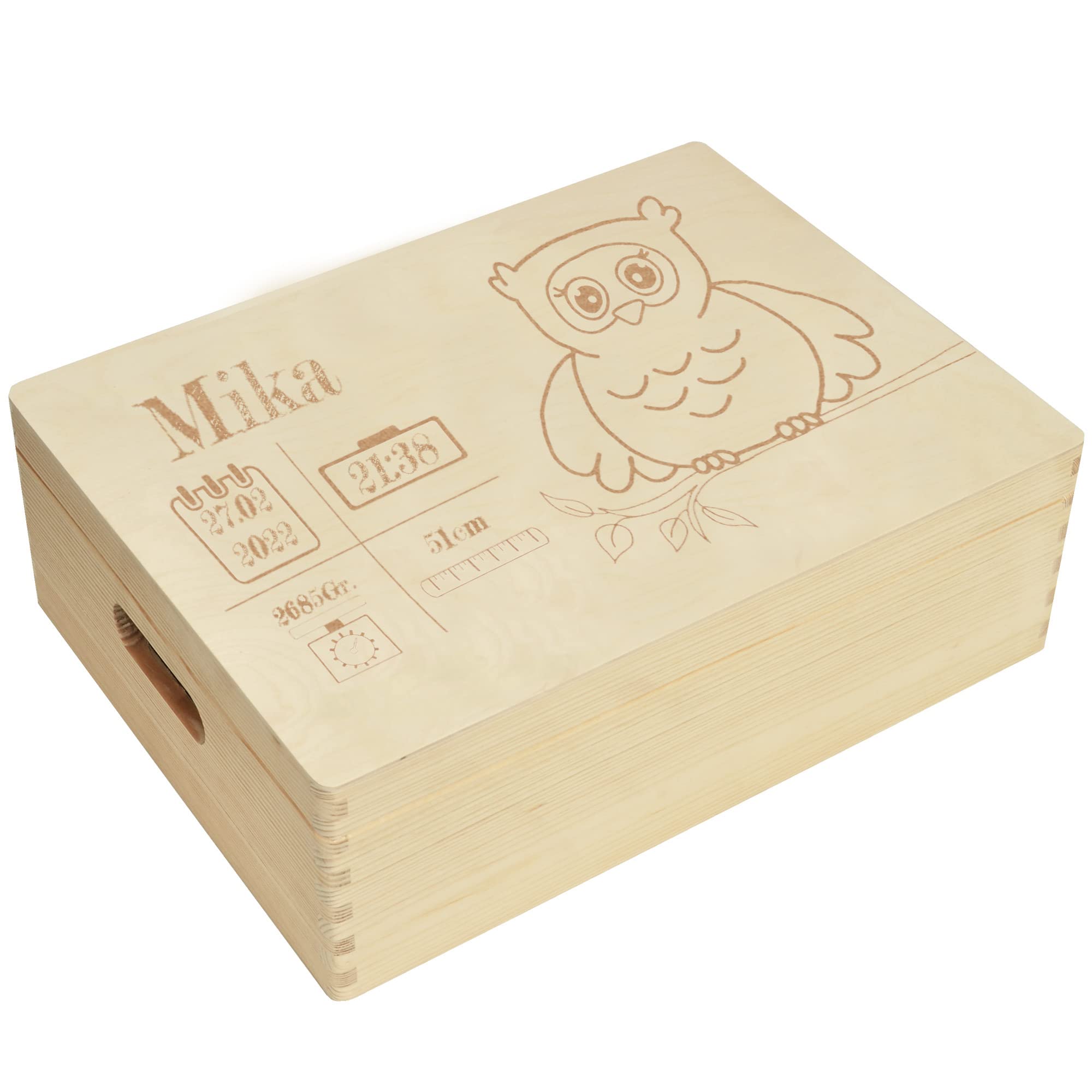 Scatola in legno personalizzata per nascita, gufo, 40 x 30 x 14 cm