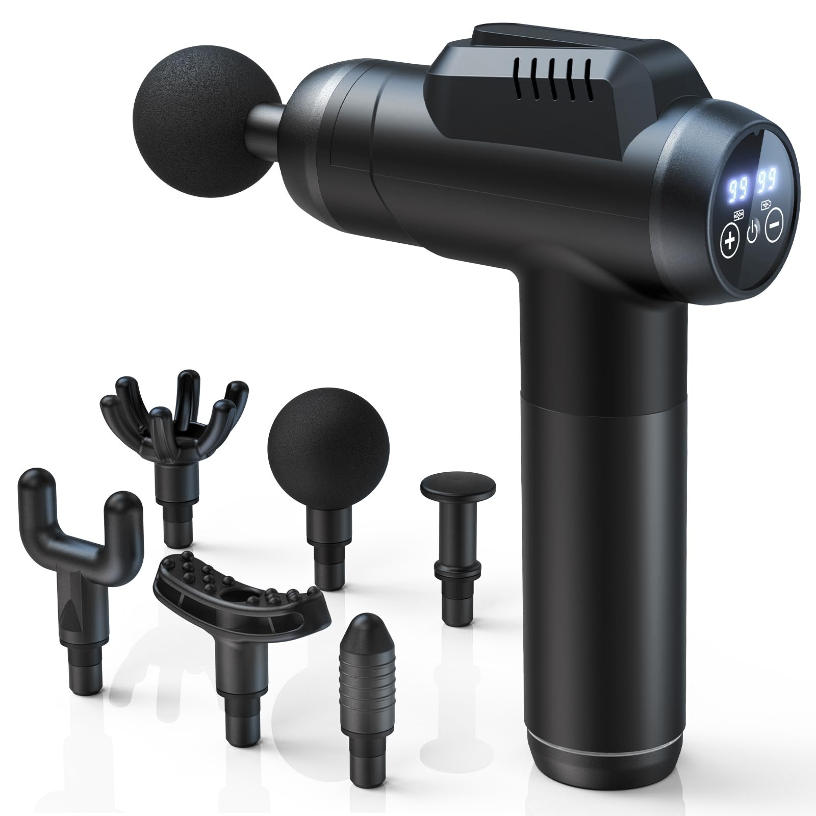 Pistola de Masaje Muscular, Masajeador Cervical y Espalda, pistola masaje con 99 Intensidad Ajustable y 6 Cabezales de Masaje,Silenciosos Masajeador para Aliviar el Dolor Muscular