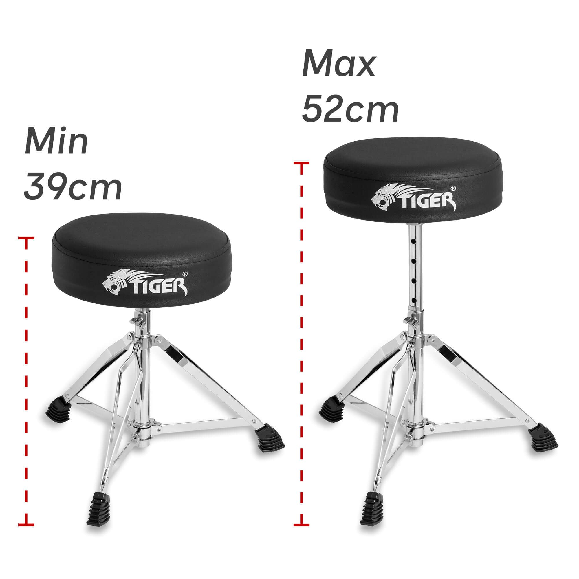 Tiger Tamburo regolabile per principianti altezza 39-52 cm sedile imbottito 27,5 cm piedini antiscivolo pieghevole seduta rimovibile nero