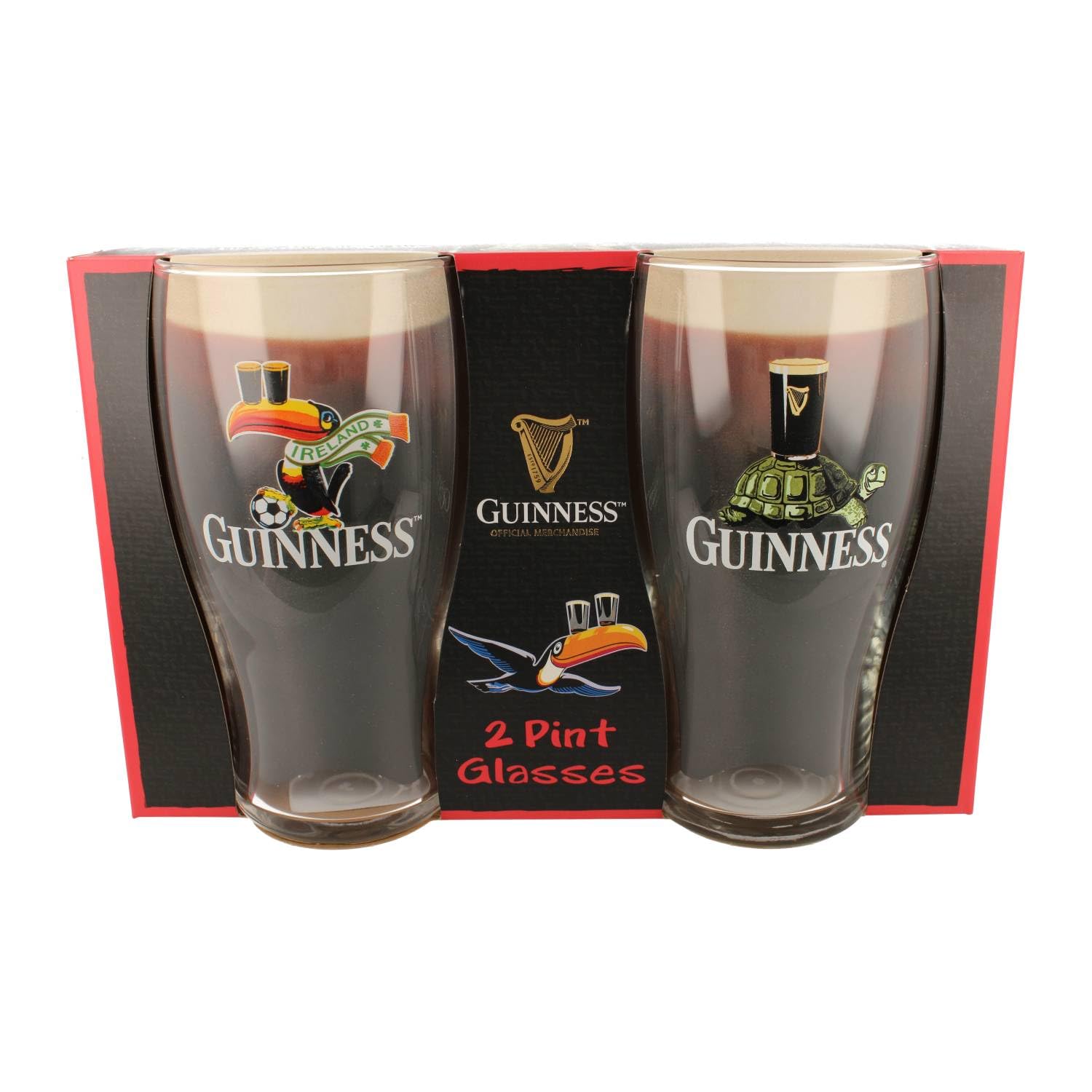 Guinness Official Pint Glass Gift Set – Football Toucan & Tortoise Designs – Set of 2 Pint Glasses – Irish Beer Glasses Gift Set