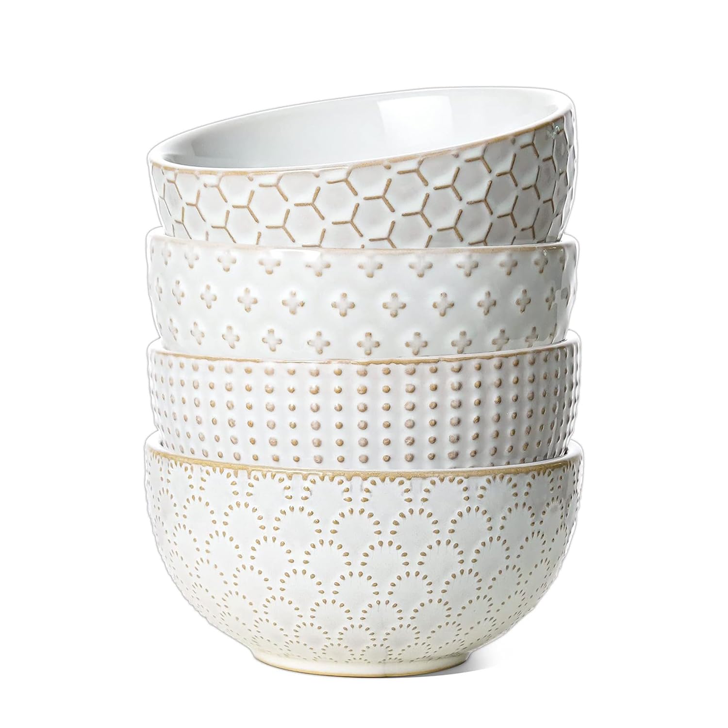 Angju Soup Bowl Set, Porcelain Cereal Bowls Microwave And Dishwasher Safe, Ceramic Kitchen Bowls For Oatmeal Breakfast, Chip, Rice, Embossment Stoneware Bowl Set of 4 (6 INCH)