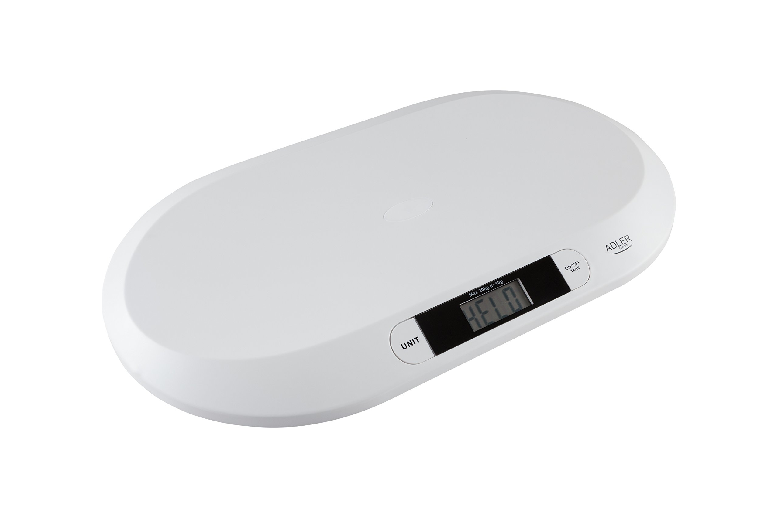 Adler Báscula Bebé Digital hasta 20 Kg, Peso Electrónico con Pantalla LCD, Función Hold Pesa con Precisión Aunque Haya Movimiento, Función Tara, Ideal Control Peso Recién Nacidos
