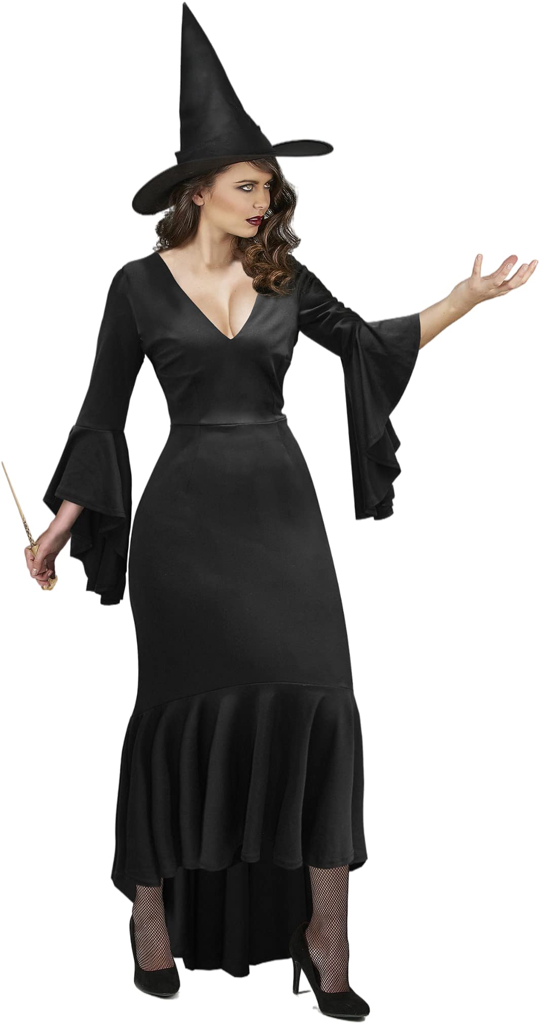 UQJEWomen's Morticia Addams Dress Costumes Gothic Maxi Dress Halloween Cosplay Vintage Black Long Dress