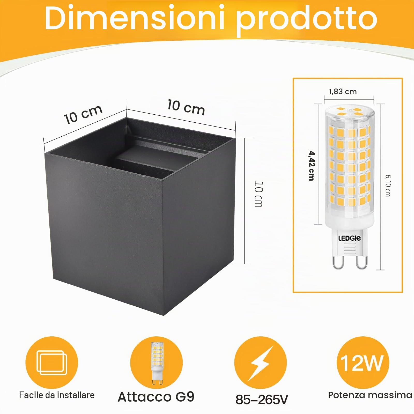 Applique da Esterno con 9W 3000K Bianco Caldo G9 Sorgente Luminosa Sostituibile Applique da Parete Interno IP65 Impermeabile Lampade da Esterno Angolo del Fascio Regolabile【4 Pezzi Nero】