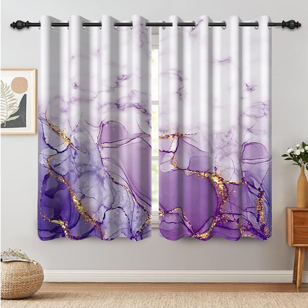 DORCEV Purple Marble Window Curtains Modern Abstract Chic Texture Window Drapes Purple Gold Mixed Texture Art Fashion Window Treatments for Home
