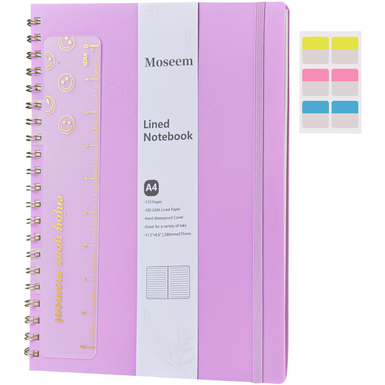 A4 Notebook, Lined Wirebound Spiral Notebook,110Pages /55 Sheets for Writing,100gsm Thick Paper, Waterproof Hardcover,Ruler