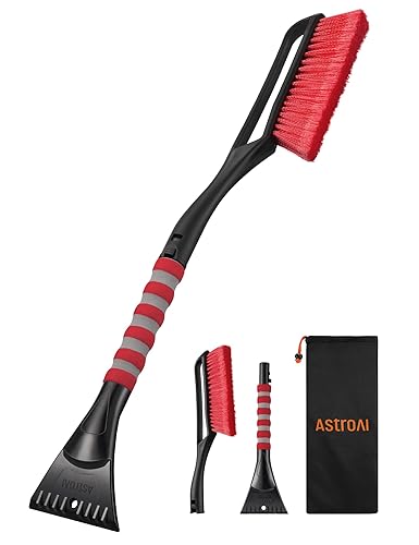 AstroAI 27" Snow Brush and Ice Scrapers for Car Windshield, Detachable Snow Scrapers with Ergonomic Foam Grip for Cars, Trucks, SUVs (Heavy Duty ABS, PVC Brush, Red) - Red - Small (27inch)