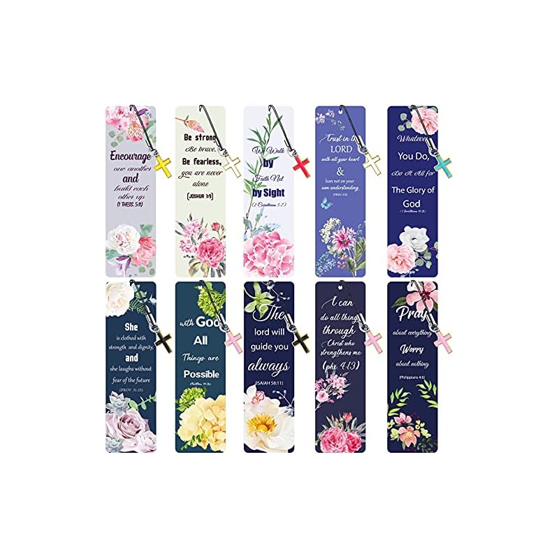 20 Pieces Bible Verses Inspirational Scripture Bookmark Motivational Positive Page Marker with Cross Pendants for Church Supplies, Schools and Ministries (Flower Style)