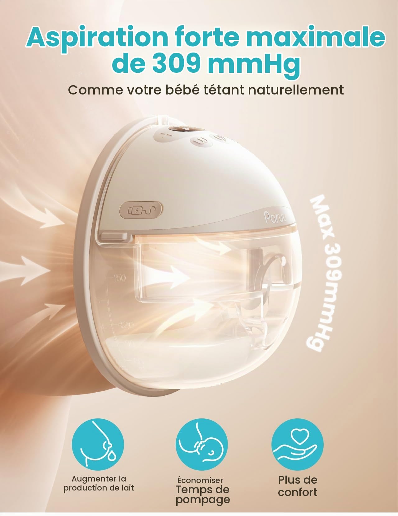 Paruu Tire lait Electrique Main Libre P16 Pro, Tire-lait Portable avec veilleuse, 4 modes et 12 niveaux, aspiration de 309 mmHg, sac de rangement et housse de protection (2, Champagne)
