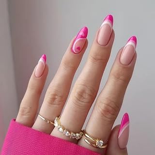 Valentines Press on Nails Medium Almond French Red Pink Fake Nails with Heart Design Swirl Valentine Full Cover Glue ons Artificial False Stick on Acrylic Nail for Women 24PCS