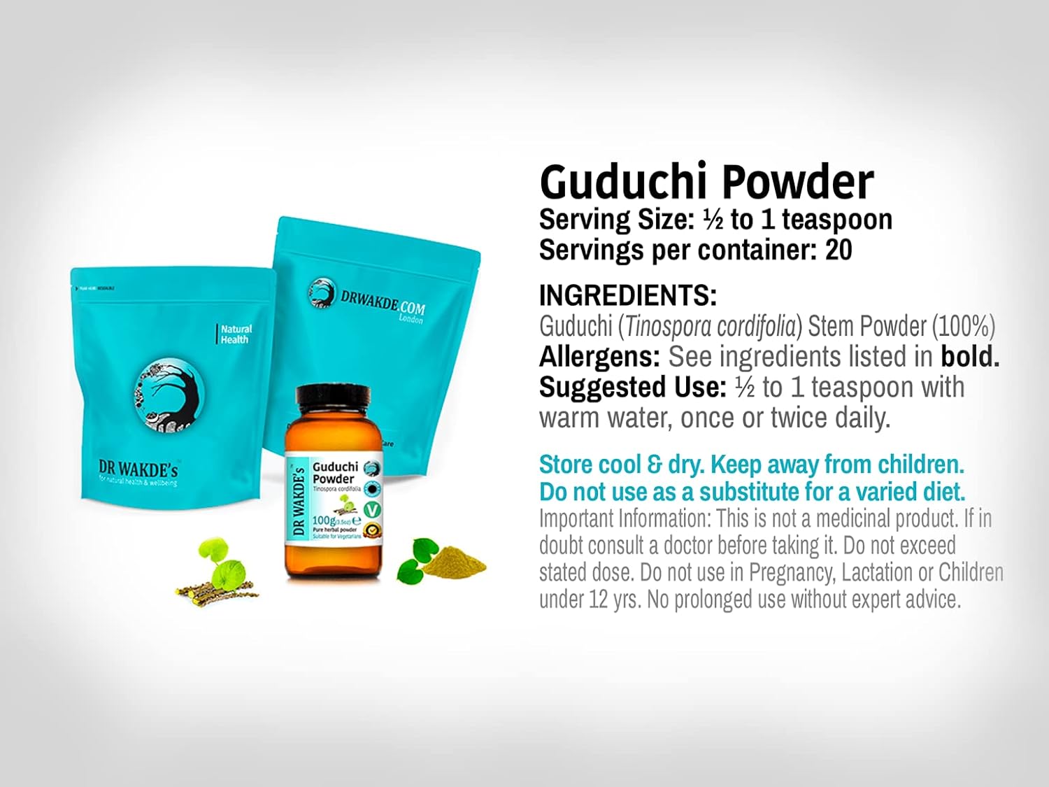 DR WAKDE's Guduchi Powder (Giloy | Tinospora cordifolia) - 500g (1.1lb) | Pure, Raw & Dried Powder | Natural Aroma and Freshness | Fine Powder | Vegan | Premium Grade | Nothing Added, Nothing Removed