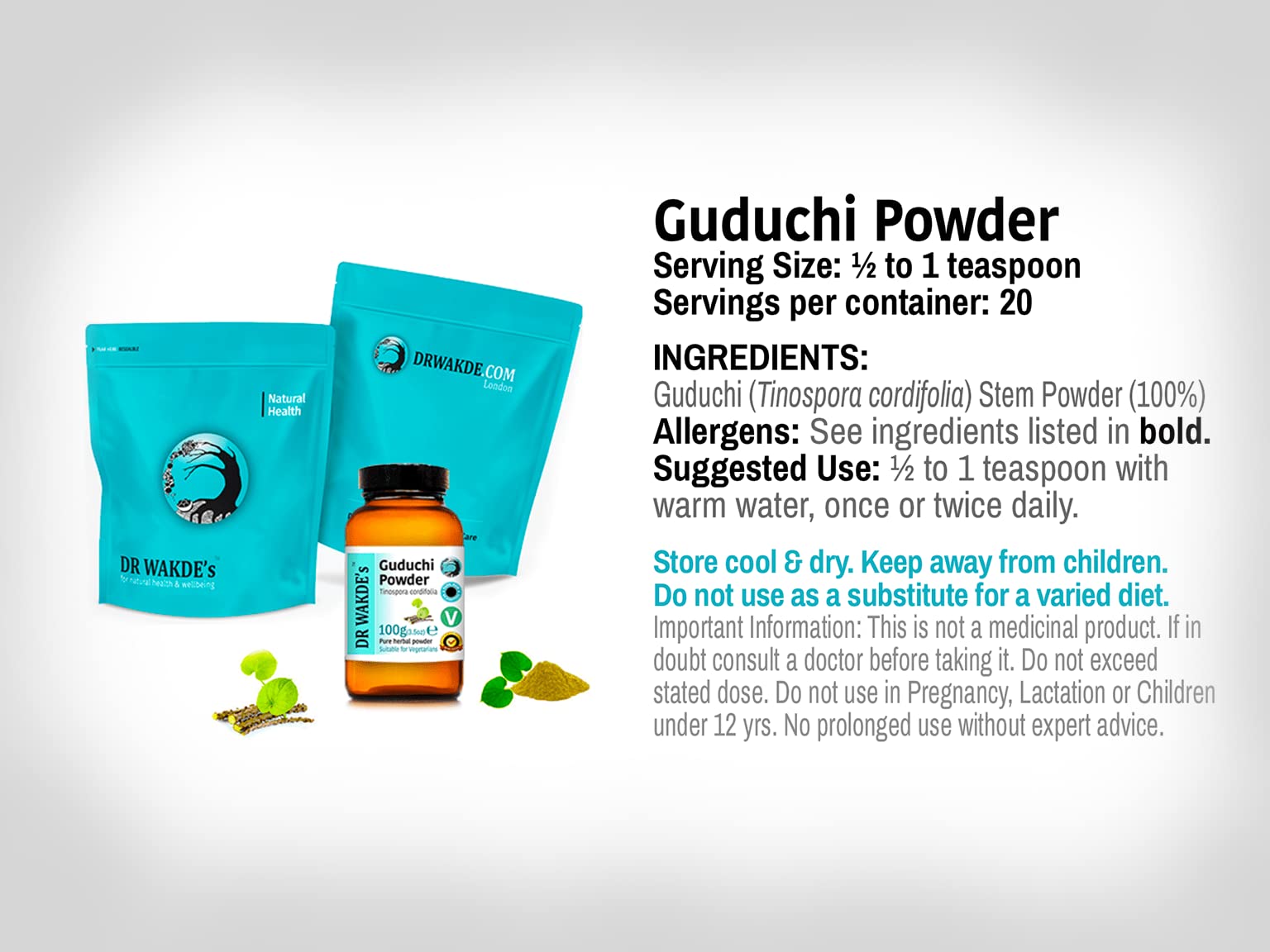 DR WAKDES Guduchi-Pulver (Tinospora cordifolia) | 100 g | Reines, rohes und getrocknetes Pulver Ayurveda-Kraut | Vegan | Nichts hinzugefügt, nichts entfernt | Versand am selben Tag