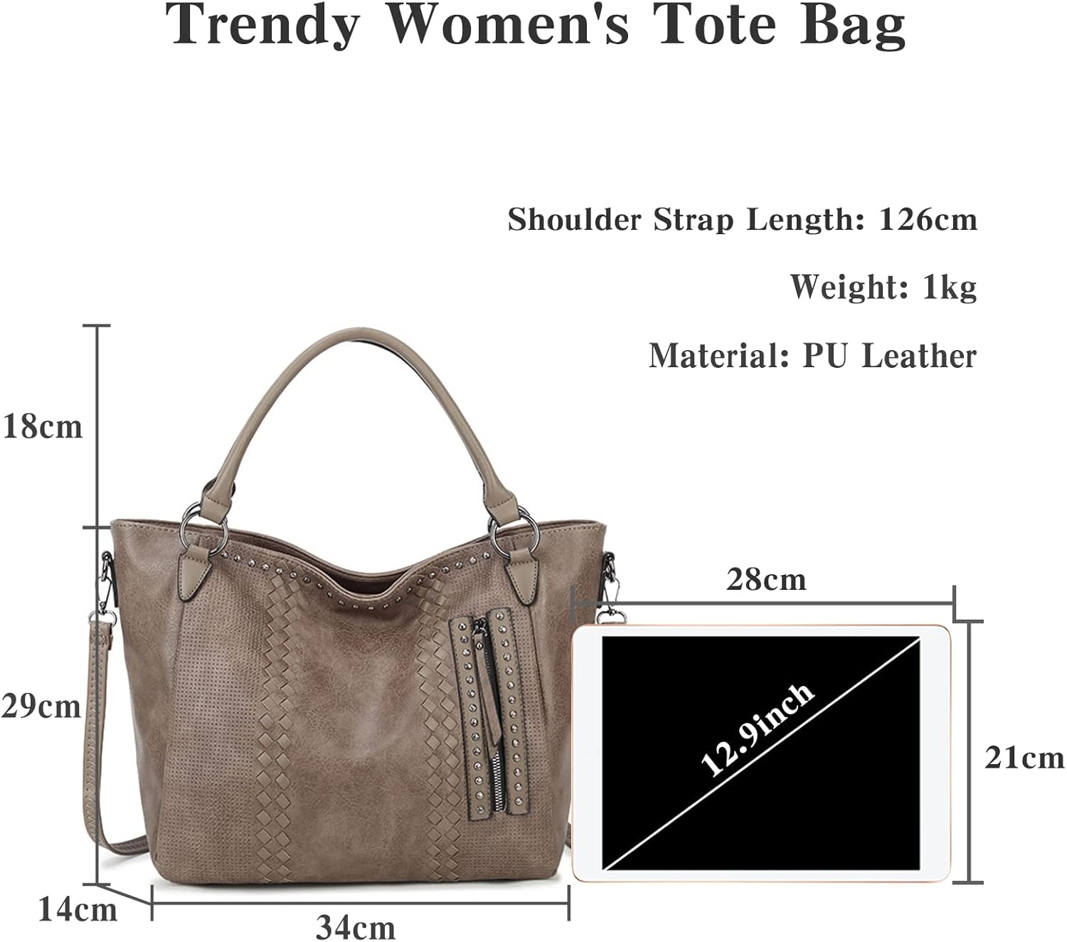 PORRASSO Fashion Tote Bag - Women's Large Top-Handle Handbag - Brown PU Leather Messenger Bag for Travel, Work, Dating - Image 3