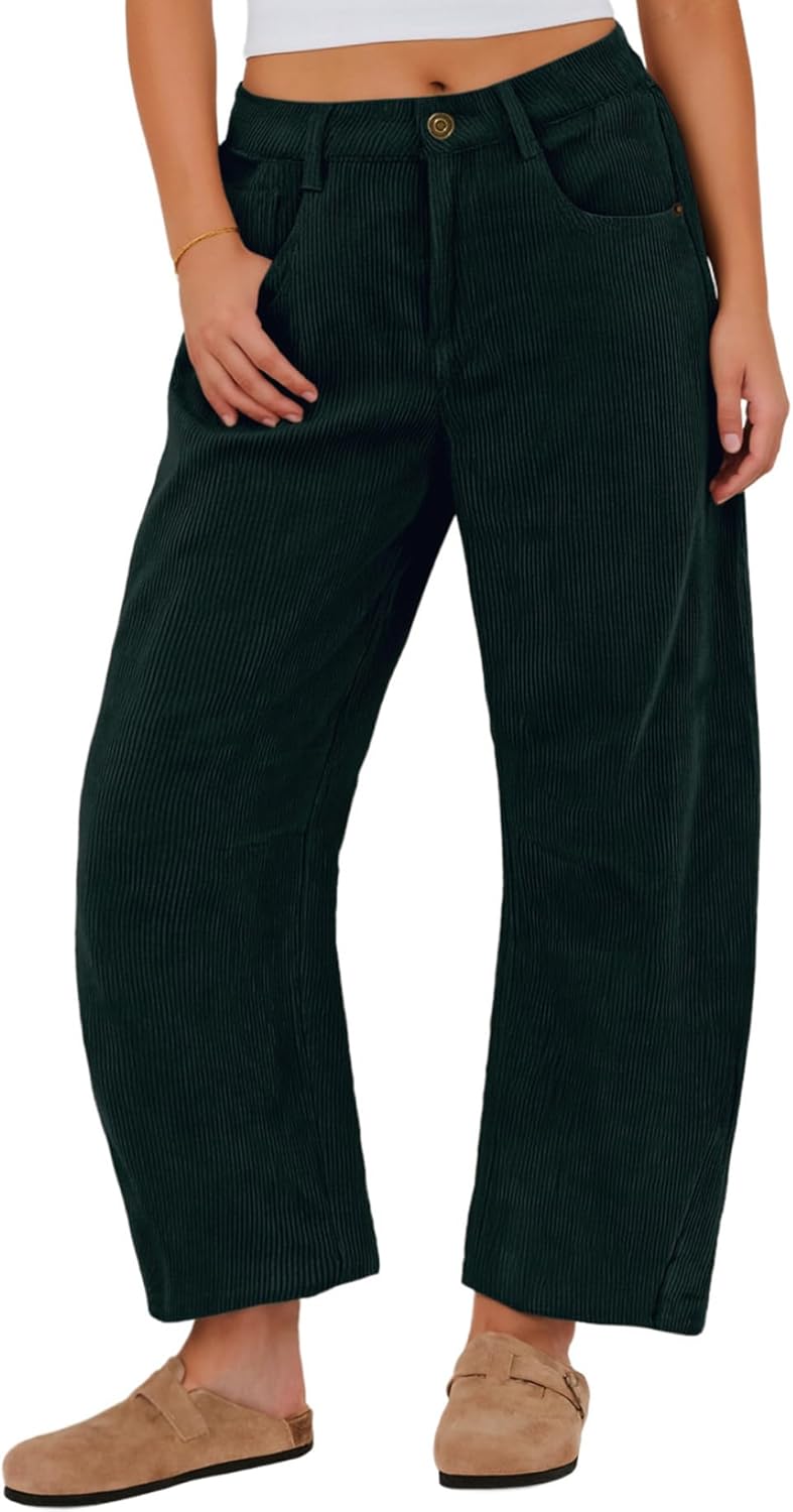 IWOLLENCE Women's Corduroy Barrel Cropped Pants Mid-Rise Elastic Waist Cord Wide Legs Baggy Pant with Pockets - Image 6