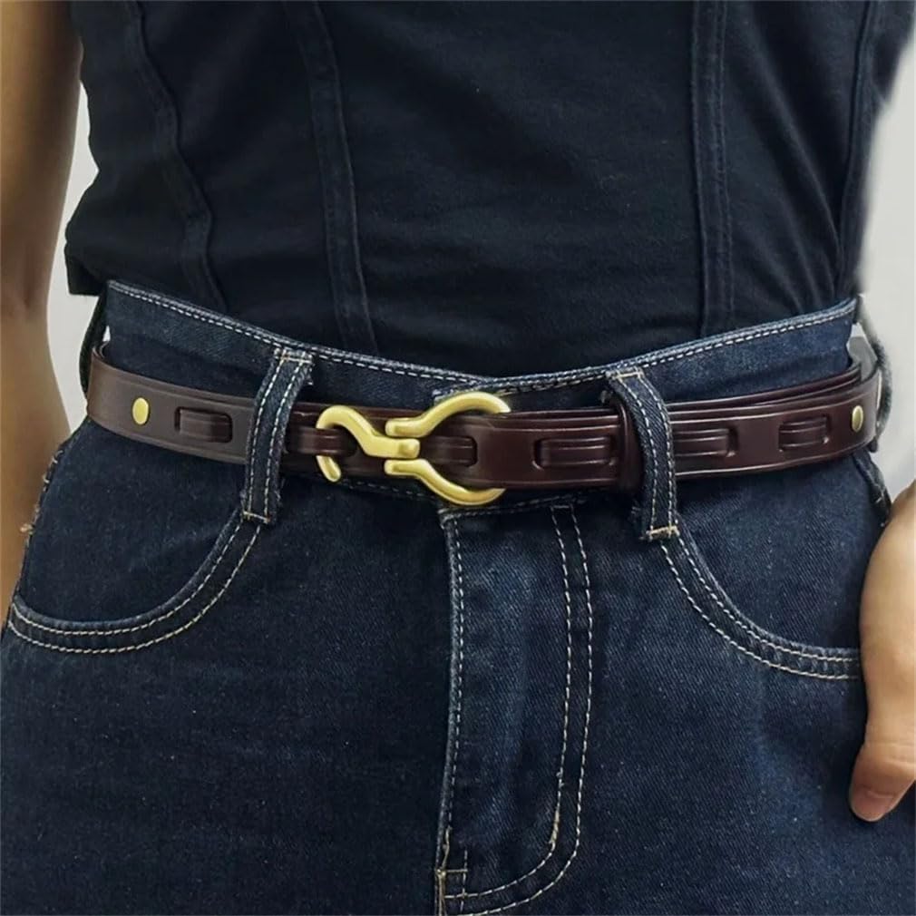 Vintage Women's Leather Belt With Copper Buckle Casual Waistband Top Grain Cowhide