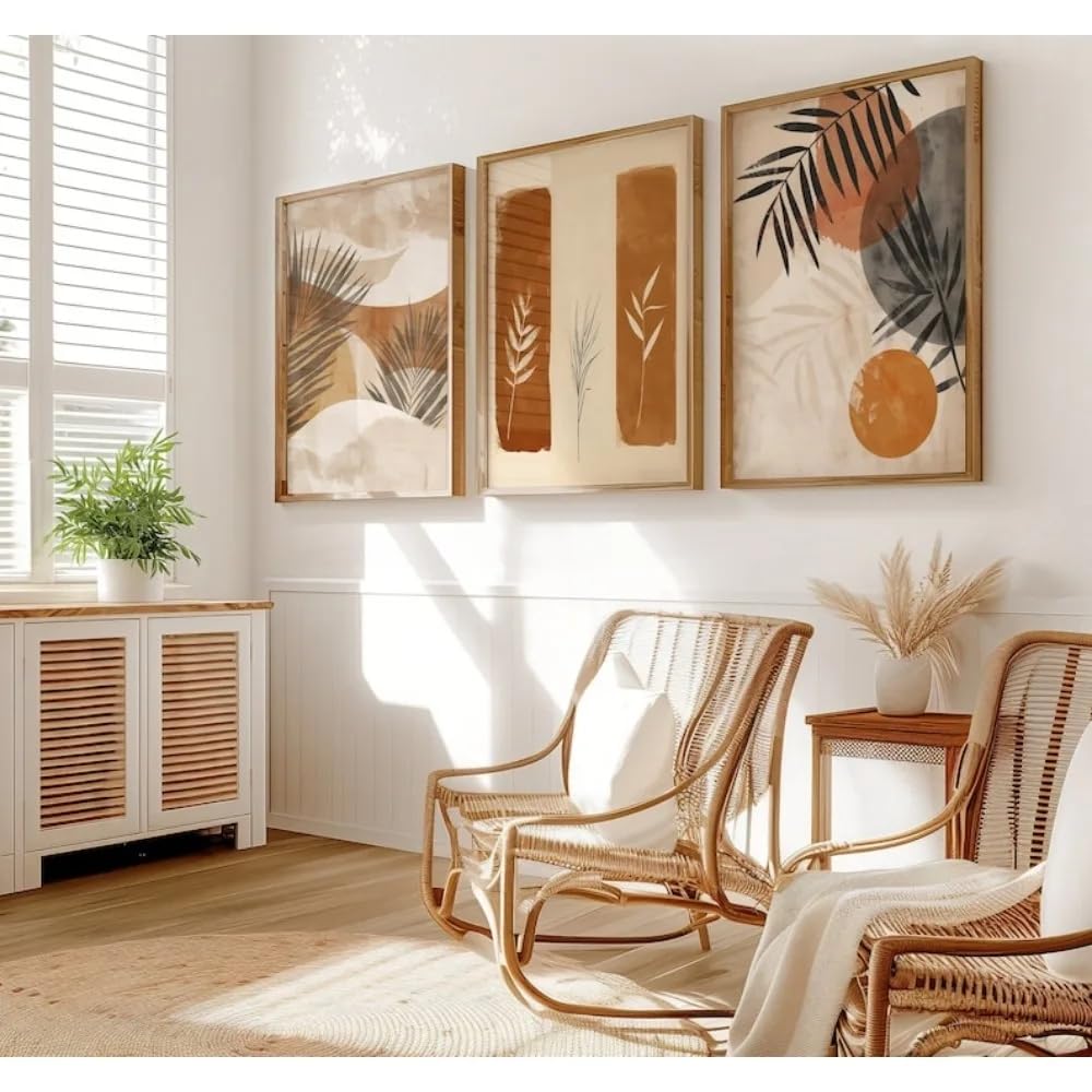 Dittelle Frameless Neutral Collection, Abstract Plant Prints,Natural Art In Earthy Tones,Floral Canvas Wall Art Prints,Bohemian Decor(30X40cm/3Pcs )