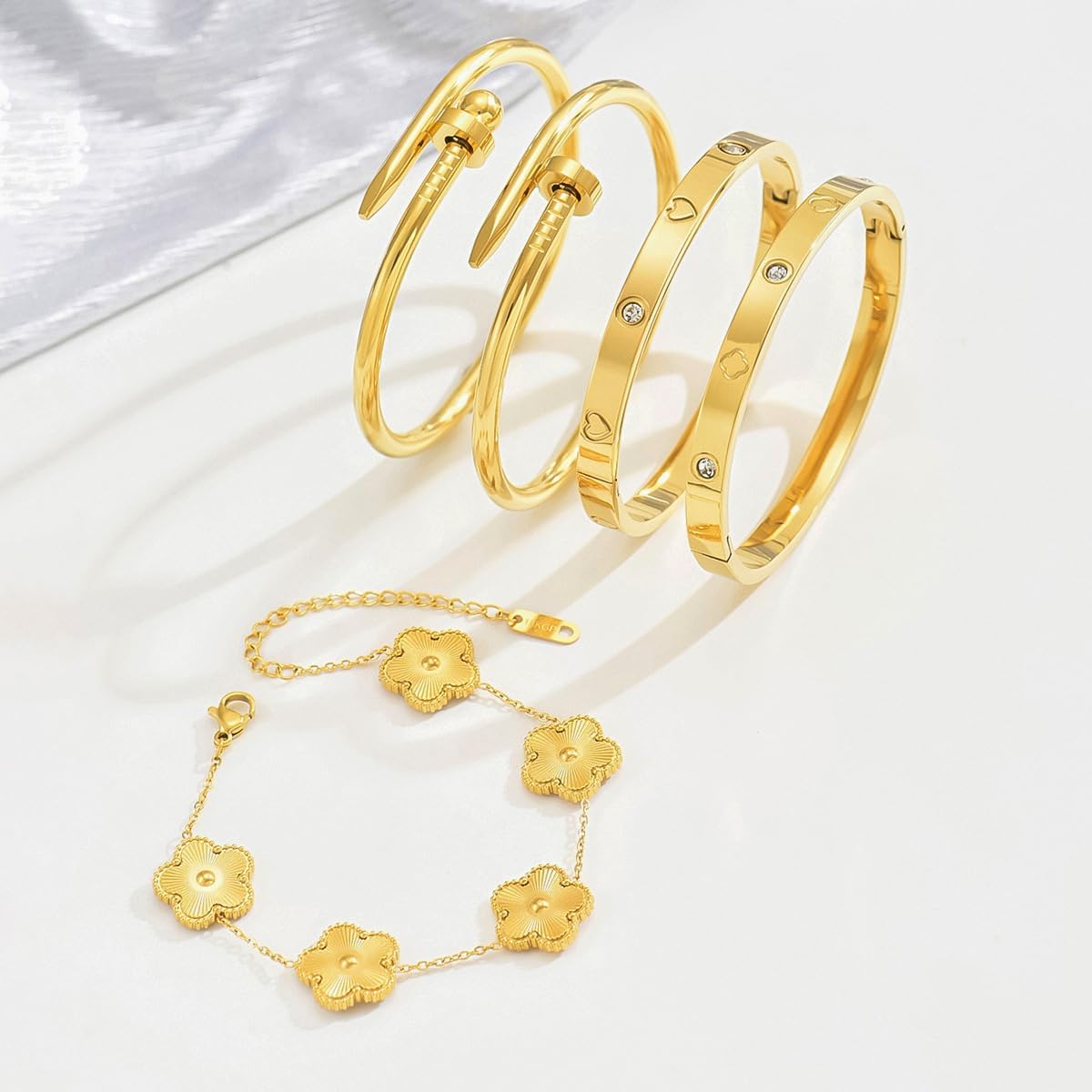 5pcs 18K Gold Plated Cuff Bracelet Set for Women No Tarnish Dainty Stainless Steel Cuff Bracelet