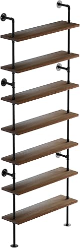 Miniatura 91 de Estantería industrial de 5 niveles, estantería rústica de tubería de metal de madera montada en la pared para sala de estar (marrón envejecido, 10