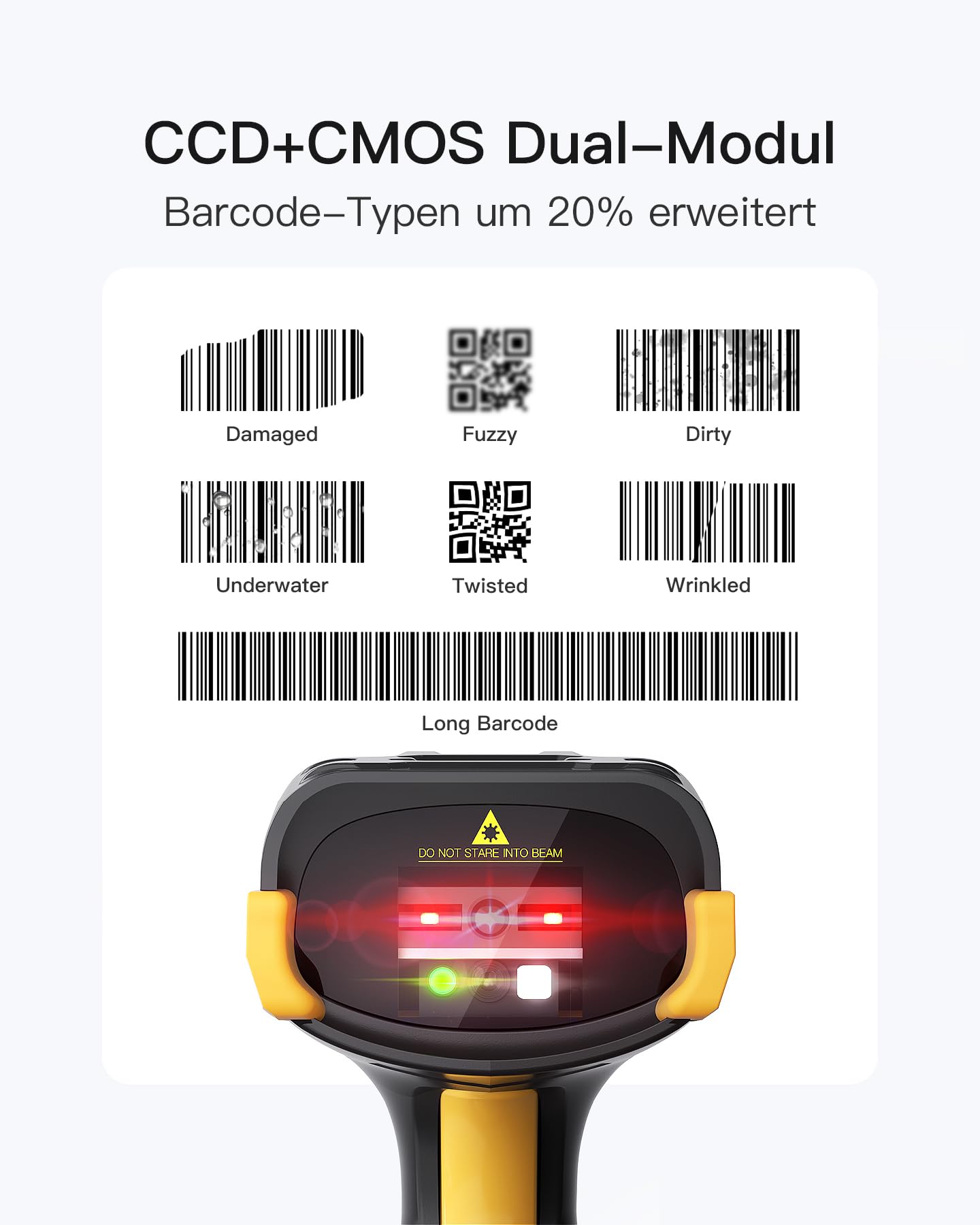 Inateck Barcode Scanner Bluetooth, 2D 1D Wireless Handheld Scanner, QR Code Scanner, mit Screen und Smart Base, CMOS CCD Dual Module, Größere Reichweite, Unterstützt App SDK, P8 SE