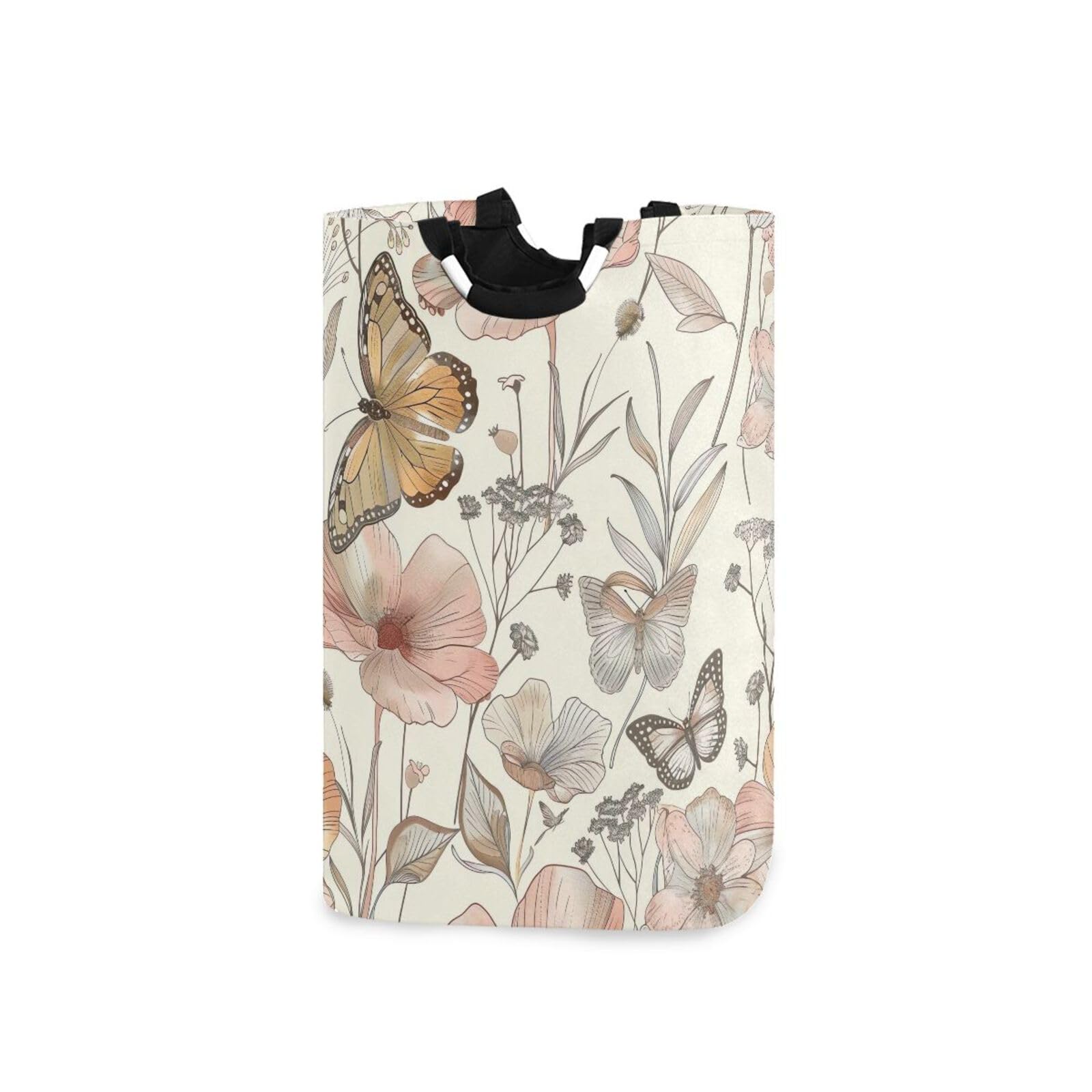 Jihqo Laundry Hamper Basket Vintage Floral and Butterflies Collapsible Nursery Storage Bin Waterproof Clothing Baskets for Home Bedroom Bathroom Washing Room