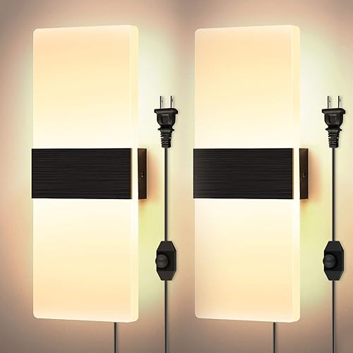 Lightess Dimmable Wall Sconce Plug in Modern LED Wall Sconces Set of 2 Warm White 12W Acrylic Wall Sconce Lighting with 6FT Plug in Cord On/Off Switch for Bedroom Living Room Corridor