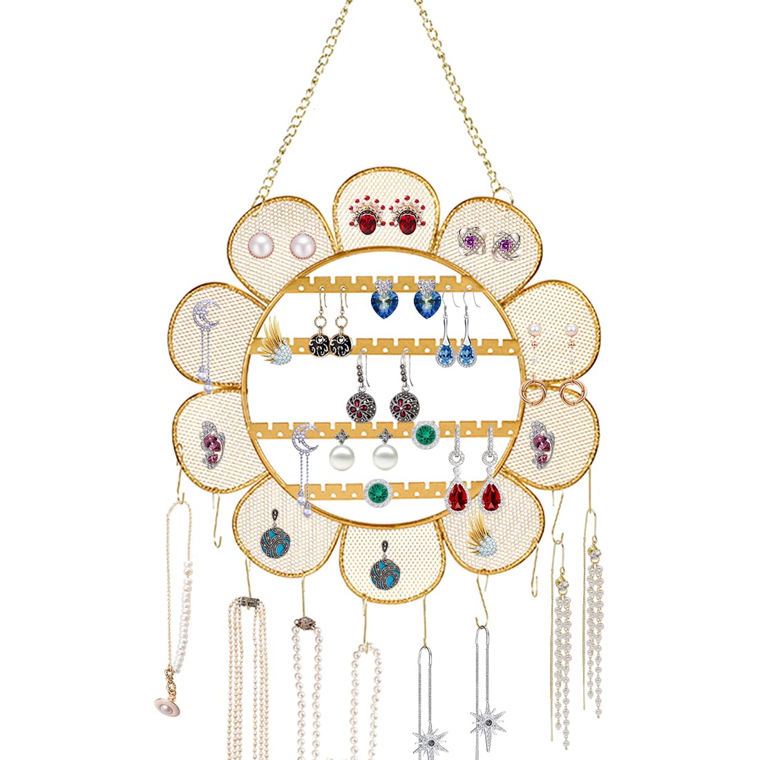 Voyyphixa Sunflower Wall Mounted Earring Holder Rack Jewelry Holder Organizer Wall Grid Organizer Necklaces Wall Holder Hanging Jewelry Storage for Necklaces Bracelet Stud Earrings Display (Flower)