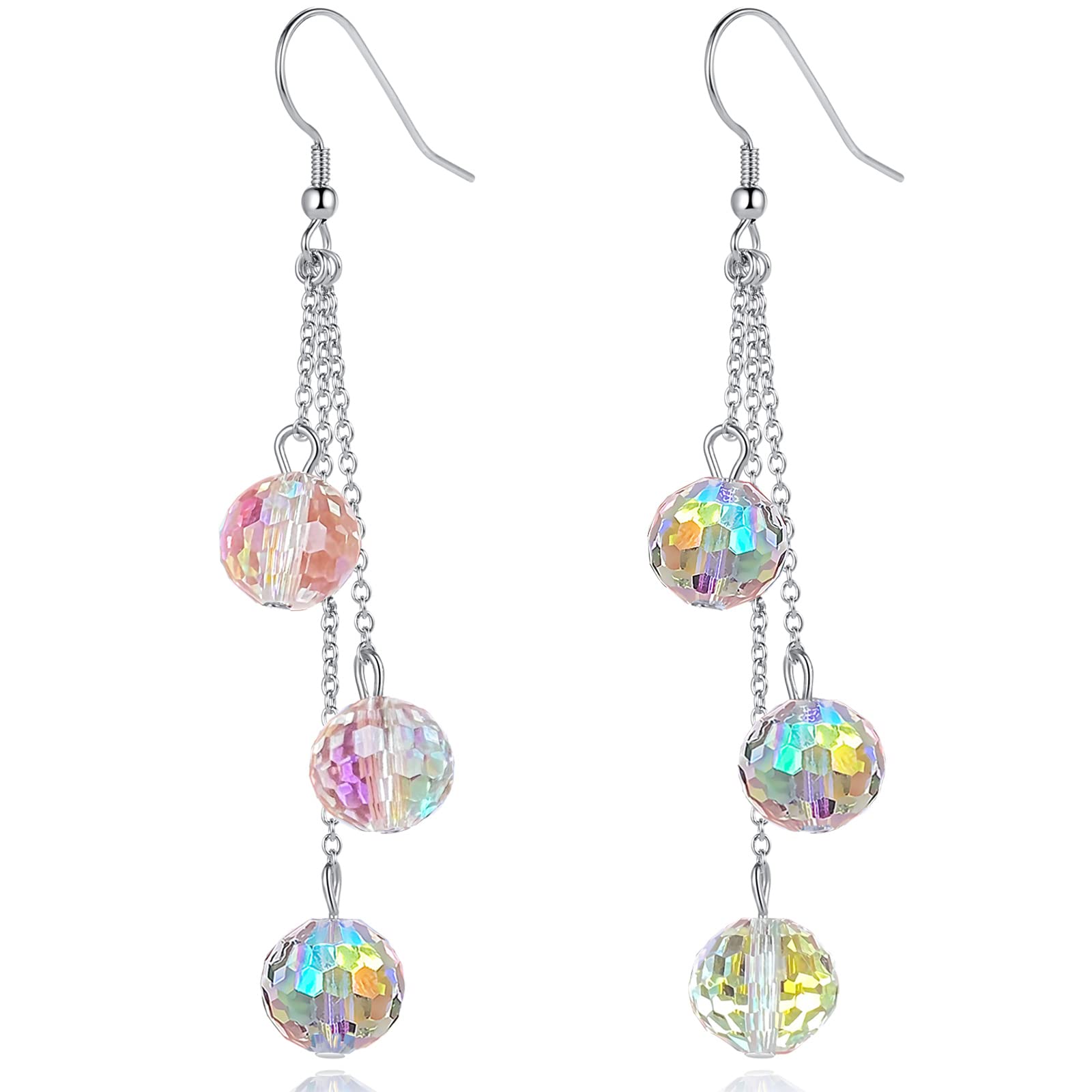 Fiklon Sparkly Disco Earrings for Women Party Prom Glass Crystal Drop Dangle Earrings Disco Jewelry Glitter Ball Beads Earrings Dangling 925 Sterling
