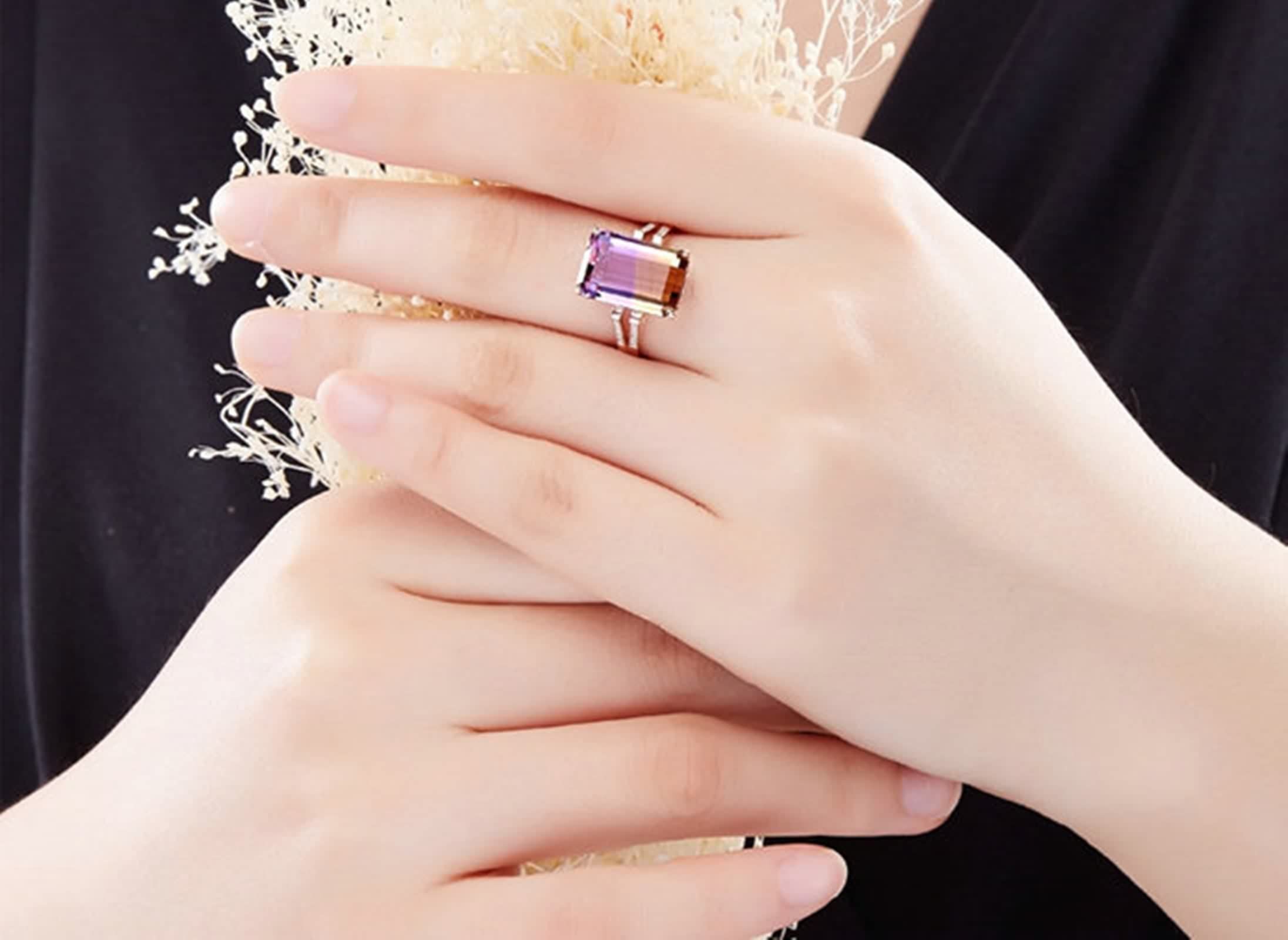 Sortijas de Oro Mujer 18K, Anillos de Mujer de Compromiso Ametrino Rectángulo Oro Rosa 18 Kilates con Certificado