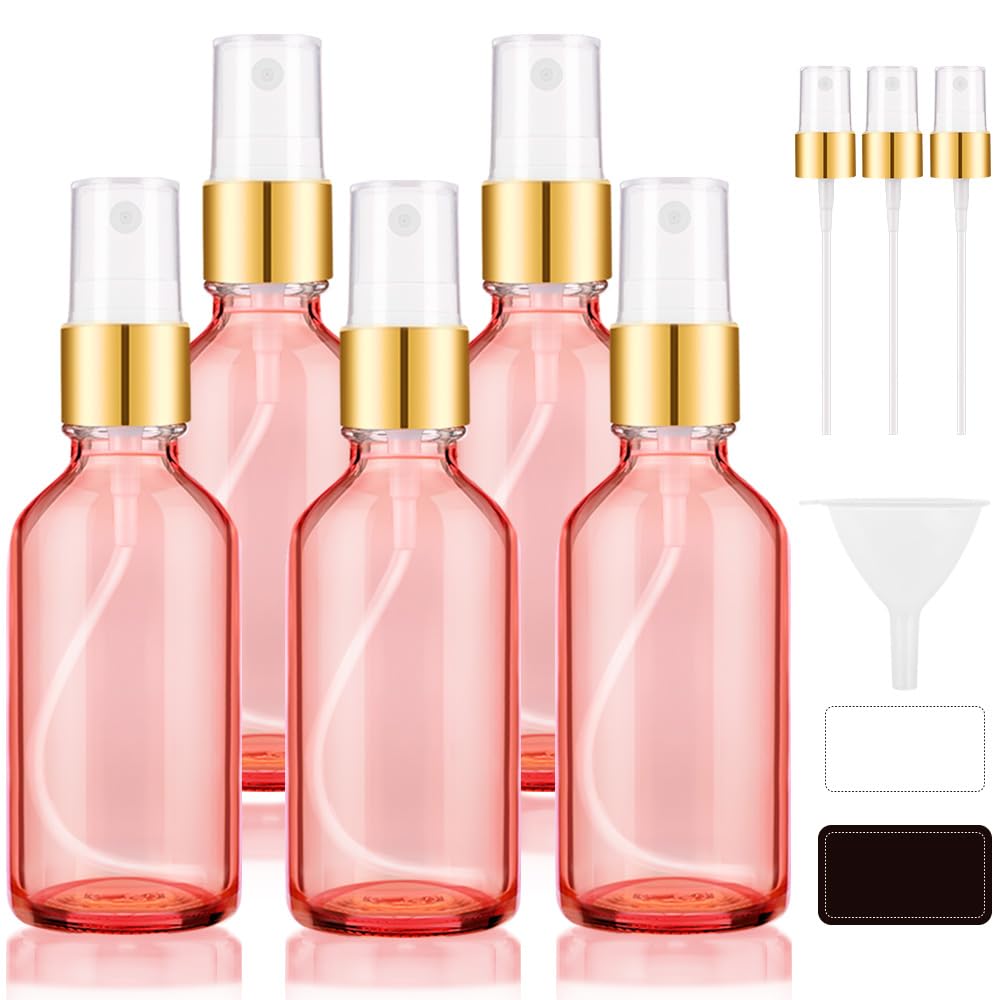 Small Glass Spray Bottles, 2 OZ Mini Fine Mist Spray Bottles Empty Refillable Sprayer Container with Golden Top, Labels, Funnel for Essential Oils Travel Size 5 Pack Pink