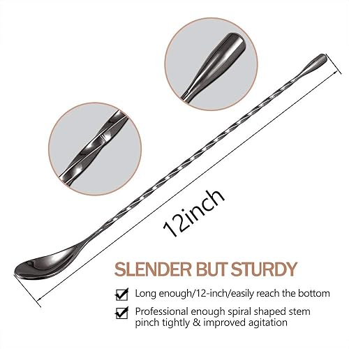 Miniatura 10 de DIFENLUN Cuchara mezcladora de acero inoxidable de 12 pulgadas, paquete de 2 cucharas de barra con patrón en espiral para coctelera de tazas altas