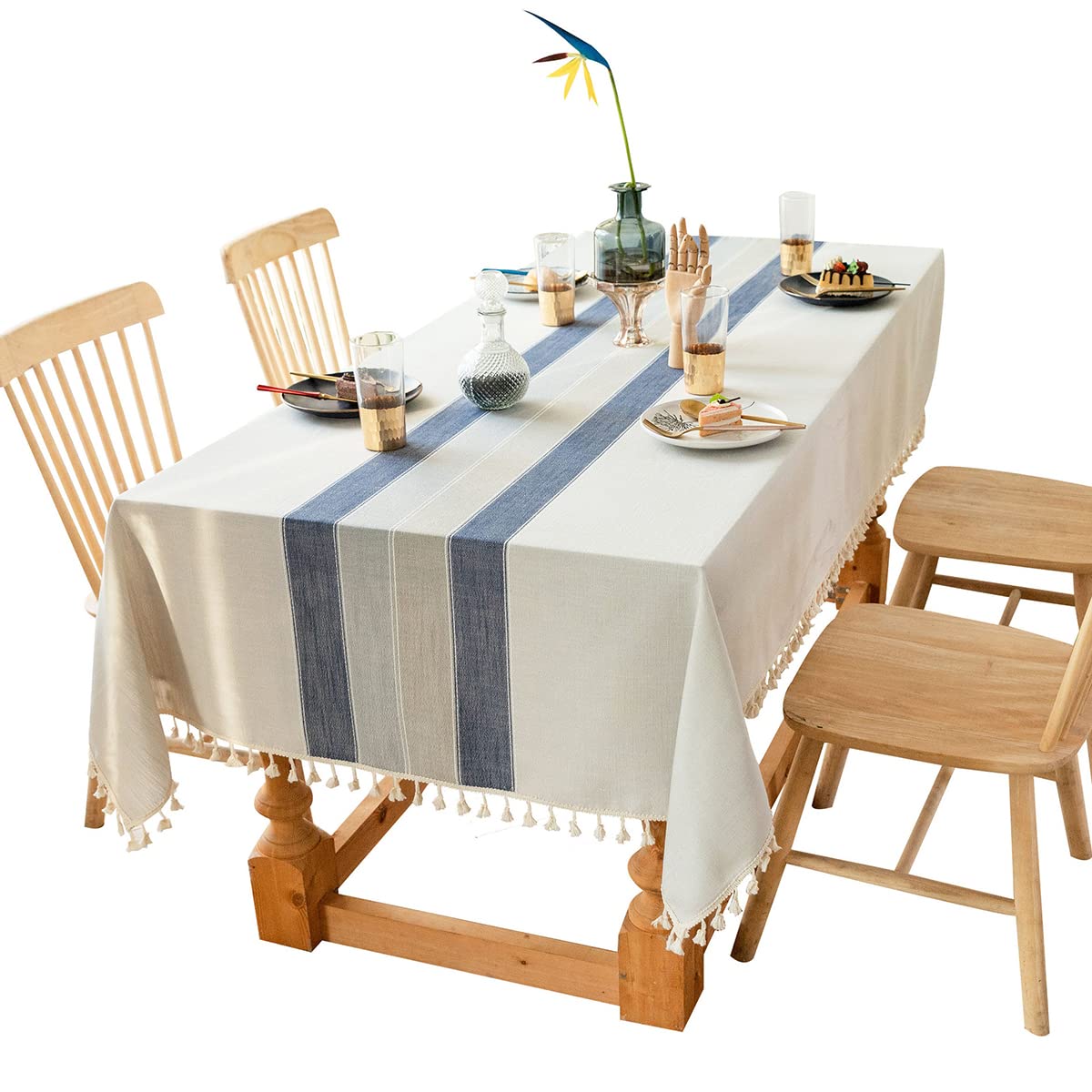 Mantel de tela con borlas, 100% algodón natural, cuadrado de lino para cocina, restaurante, lavable a máquina, mantel a rayas, azul de 55 x 142 pulgadas