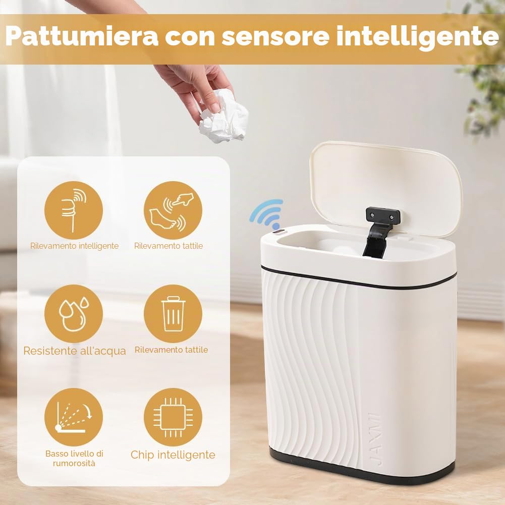 Bidone della spazzatura per bagno e camera da letto, 8 l, pattumiera anti odore automatico con sensore, per bagno e cucina, bianco