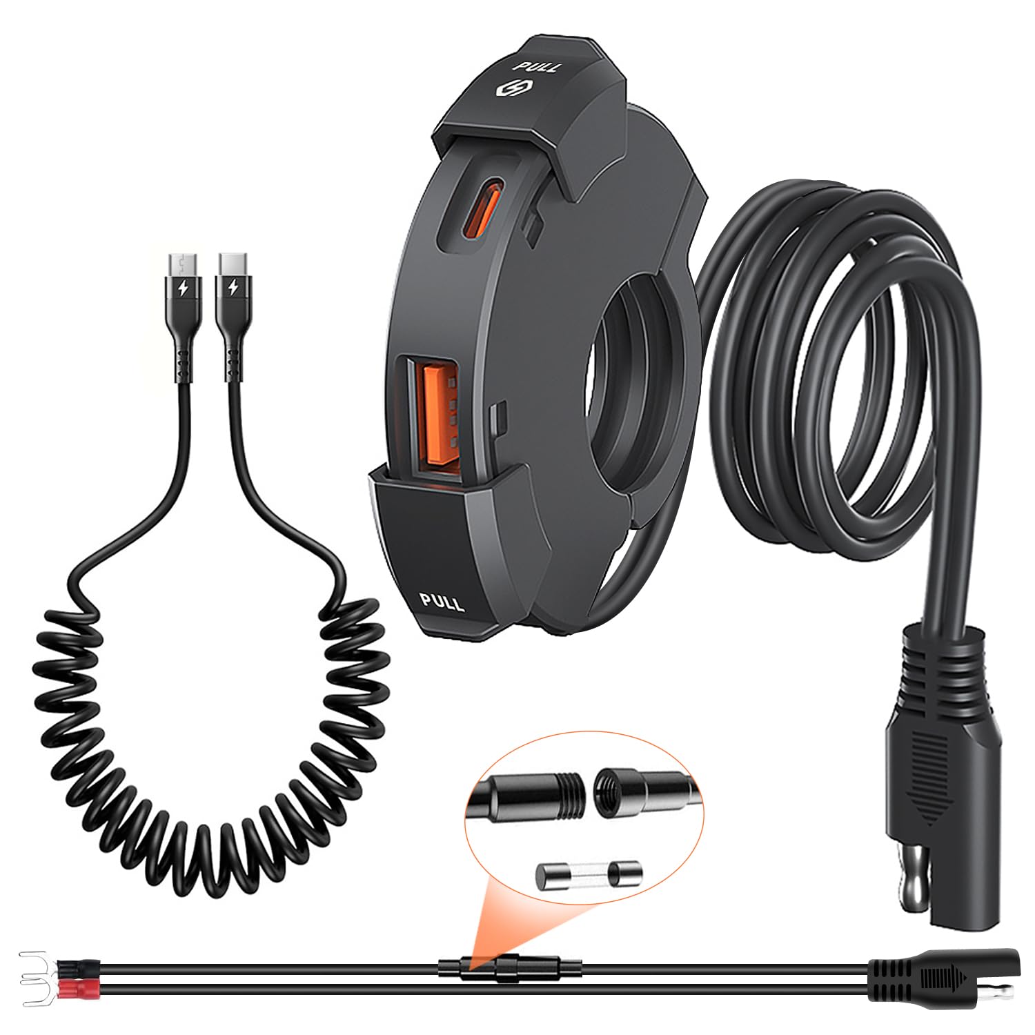 Giantdeer 48W Wasserdichtes Motorrad USB C Steckdose, Moto Telefon Ladegerät, QC3.0 USB-A und USB C 12V Motorrad Steckdose+ 5A Typ C Ladekabel（1M）für DC 12V/24V Moto/Boot/Beachbikes