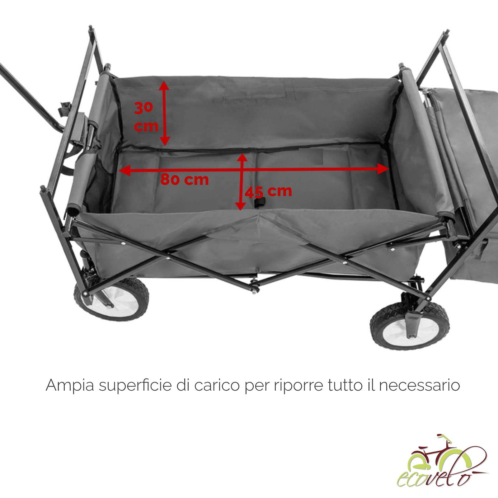 ECOVELO' CARRELLO A MANO PIEGHEVOLE DA SPIAGGIA MAX 80KG CON TETTUCCIO CARRETTO DA GIARDINO RICHIUDIBILE PER CAMPEGGIO