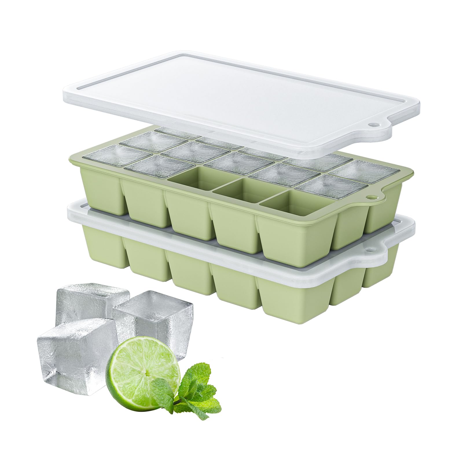 Silikon Eiswürfelformen 2er Set, leicht zu lösen, 15 quadratische Eiswürfelformen mit abnehmbarem Deckel & Mülleimer, halten Getränke gekühlt, BPA-frei