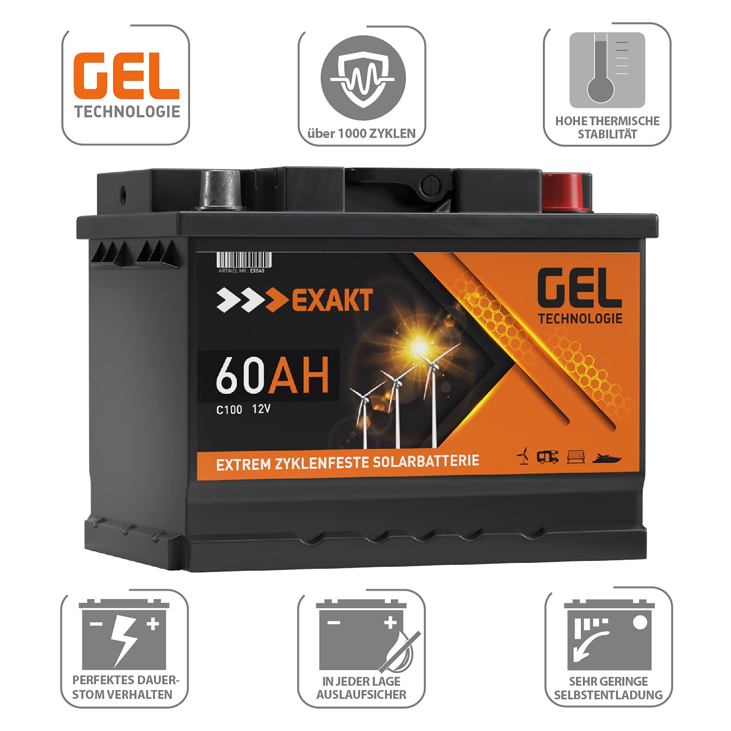 GEL Batterie 60Ah 12V Solarbatterie Wohnmobil Boot Solar Akku ersetzt 70Ah
