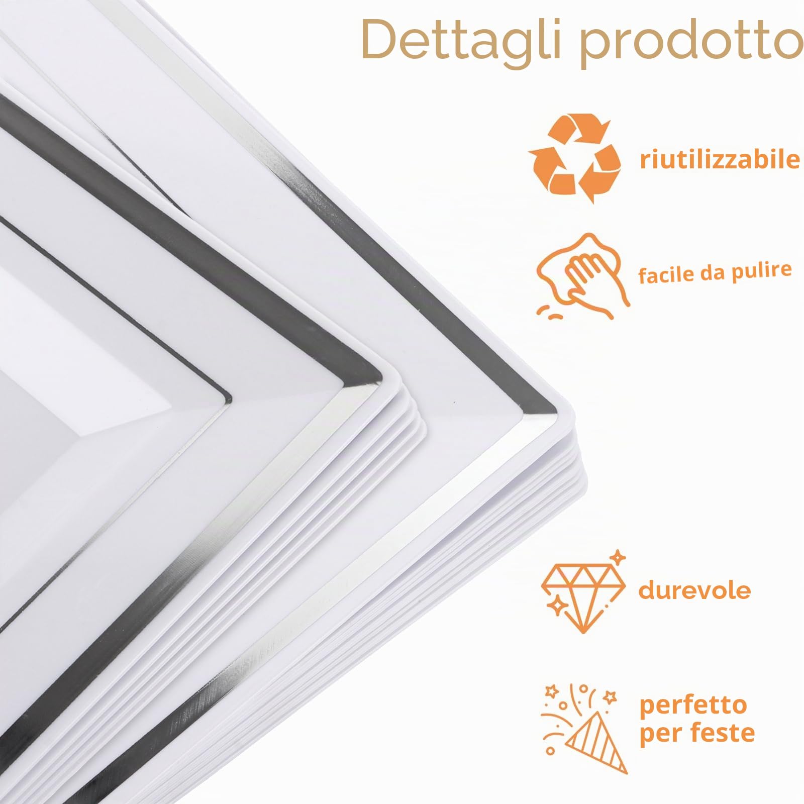 50 piatti rettangolari in plastica con bordo argento (2 misure, 16,5 x 16,5 cm/24 x 24 cm), riutilizzabili piatti da portata bianchi, carne, pesce, sushi, insalata, antipasti